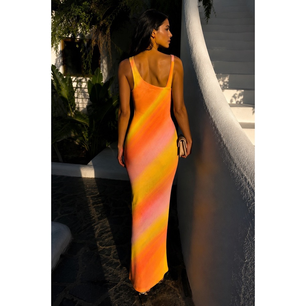Du Paradis Orange Yellow Sunset Stripe Asymmetrical Maxi Dress Womens Large NWOT